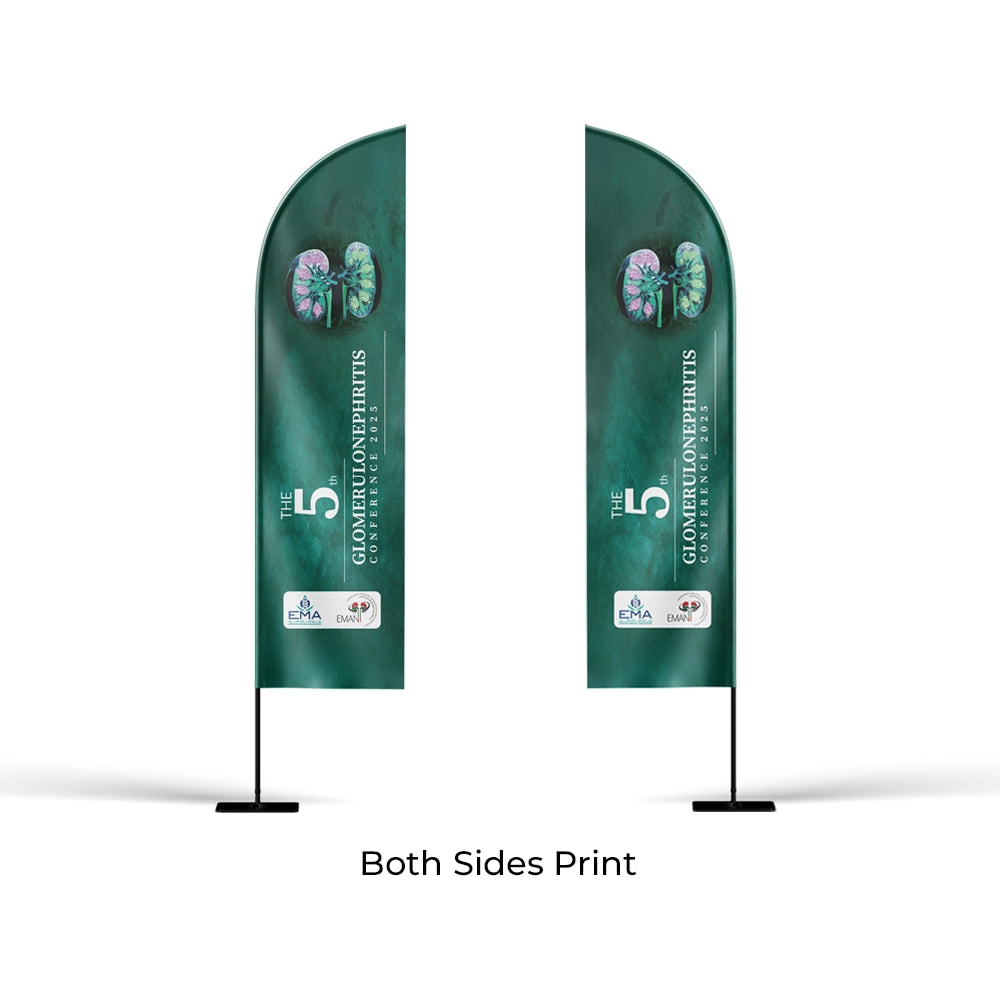 Two green feather flags with branding on a white background