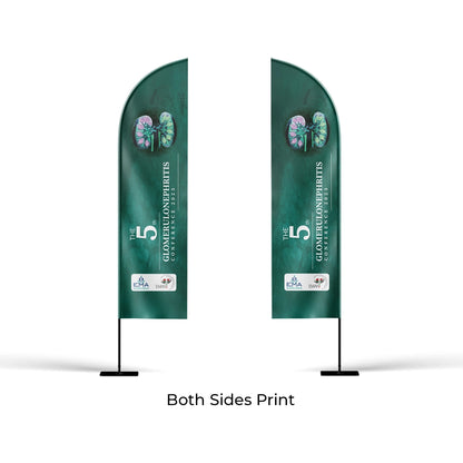 Two green feather flags with branding on a white background