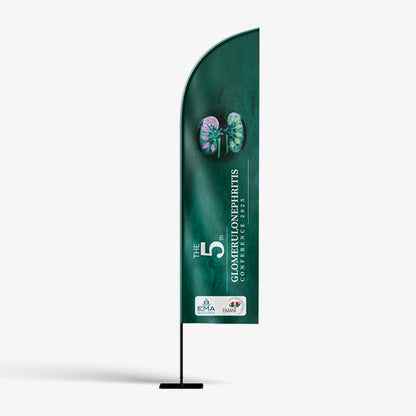 Green outdoor banner with text and logo on a white background