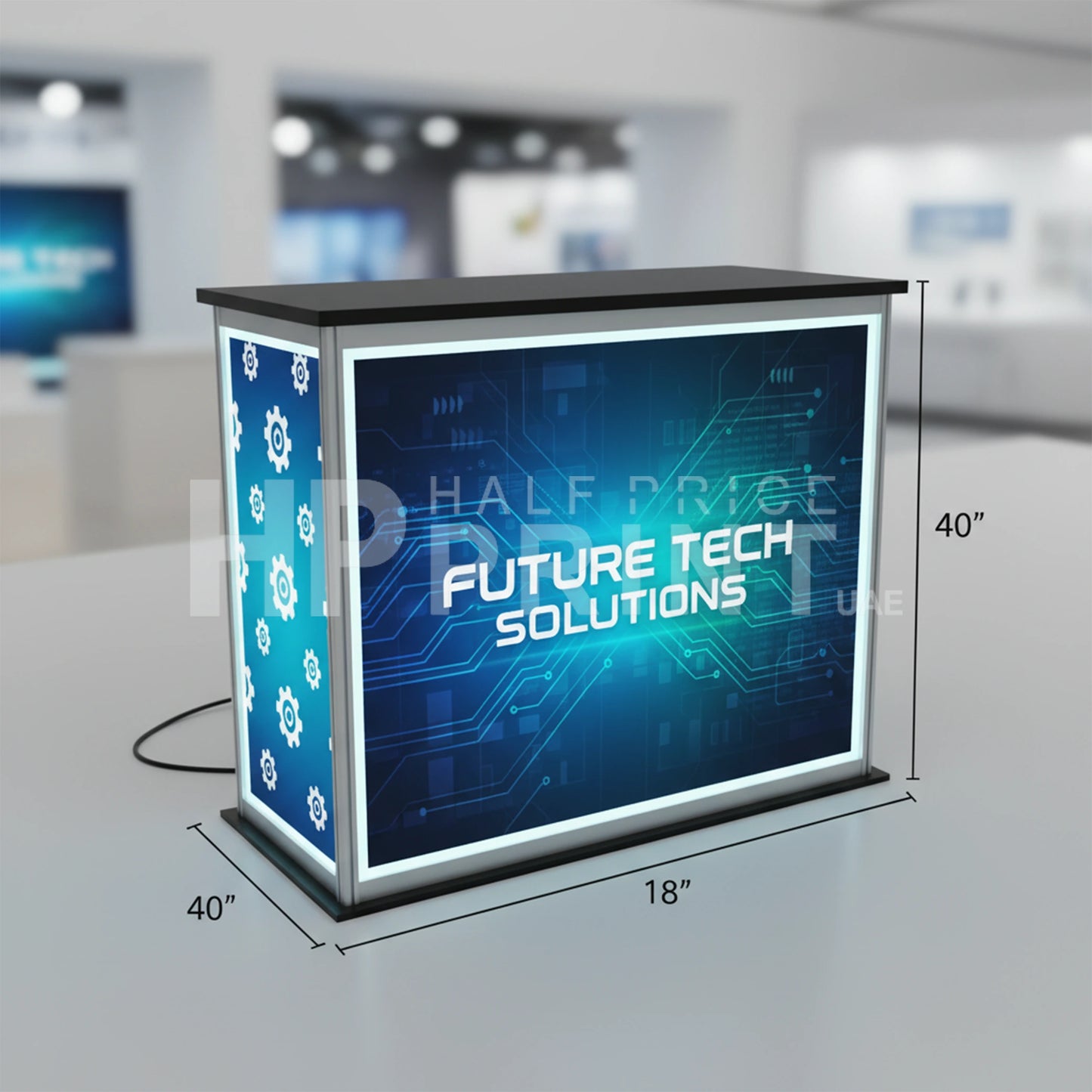 Seg counter display with Future Tech Solutions branding in a modern office setting