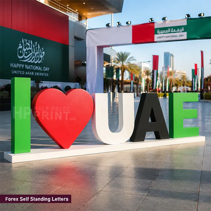 Large freestanding 3D Forex letters spelling “I ♥ UAE” in green, white, and black, placed outdoors in front of a UAE National Day arch and flag displays. The red heart shape is in the center.
