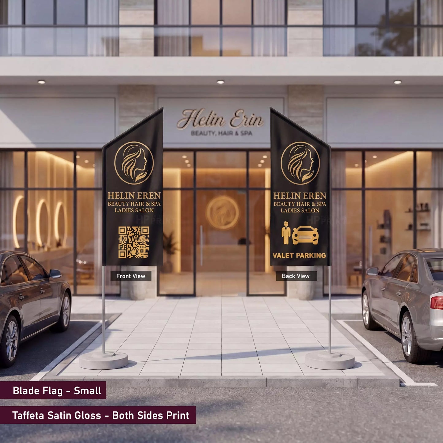 Helin Erin beauty salon with blade flags in front