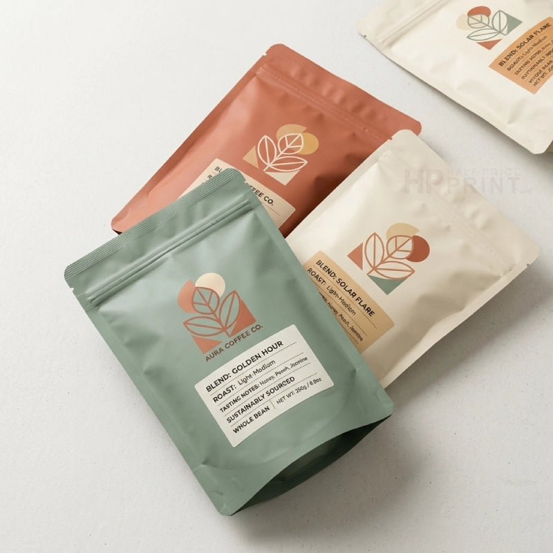 Three stand-up coffee pouches from Aroma Coffee Co. arranged on a light gray background: a sage green bag labeled 'Blindfolded Hour' in the foreground, a terracotta bag behind it, and a cream bag partially visible at the top right.