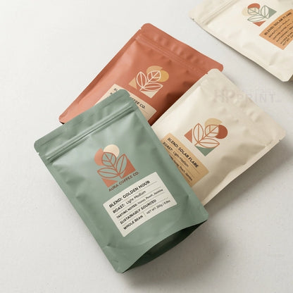 Three stand-up coffee pouches from Aroma Coffee Co. arranged on a light gray background: a sage green bag labeled 'Blindfolded Hour' in the foreground, a terracotta bag behind it, and a cream bag partially visible at the top right.