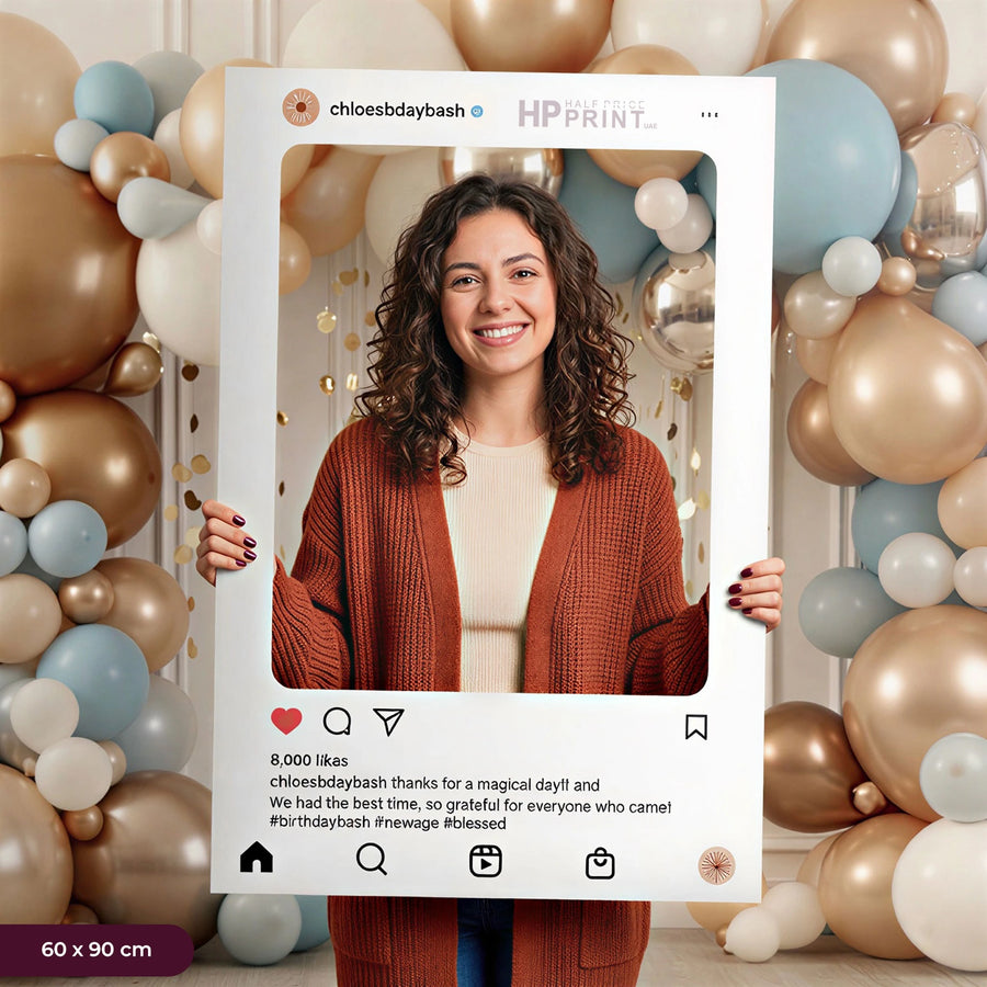 Woman holding a framed photo with balloons and HP Print branding