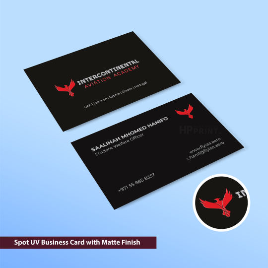 Two black business cards with red logo and text on a blue background, featuring 'Intercontinental Aviation Academy'.