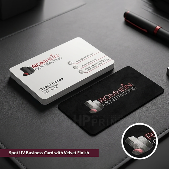 Business card with spot UV finish and velvet finish on a dark surface