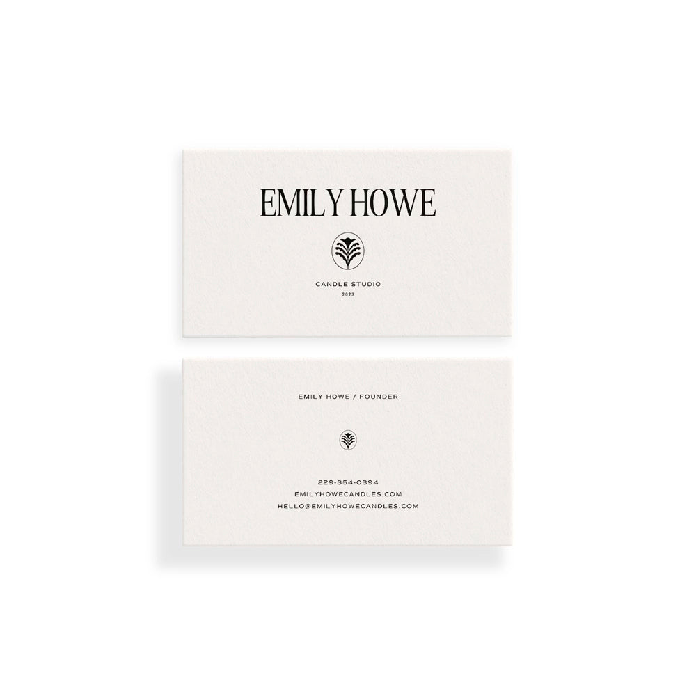 Two business cards for Emily Howe with a logo and contact information on a white background