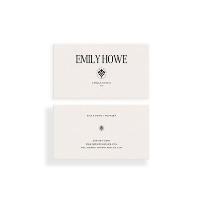 Two business cards for Emily Howe with a logo and contact information on a white background