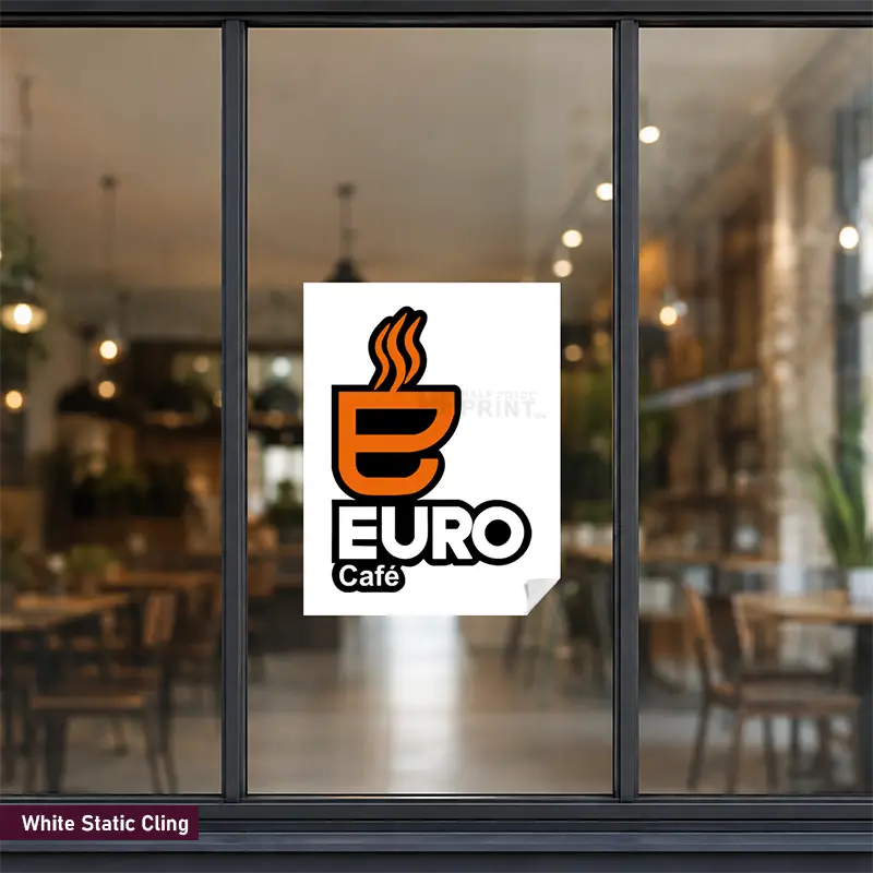 A white rectangular static cling with the Euro Café logo applied to a glass window in a blurred cafe interior. The sticker is labeled as a White Static Cling in the bottom-left corner.