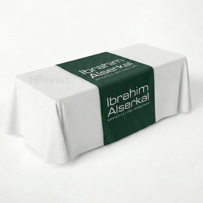 Table runner with 'Ibrahim Alserkal' branding on a white background