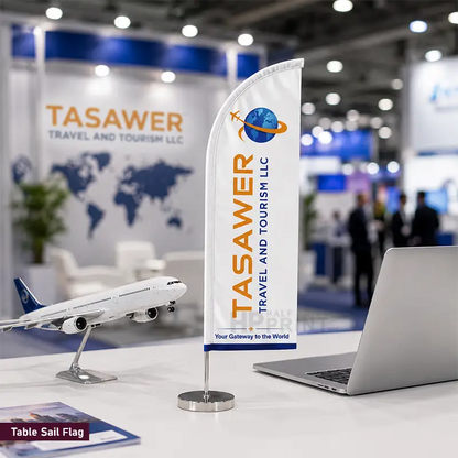 A vertical white table sail flag on a silver stand, printed with the TASAWER Travel and Tourism LLC logo, displayed on a white table next to a laptop and a model airplane in a blurred exhibition hall setting.