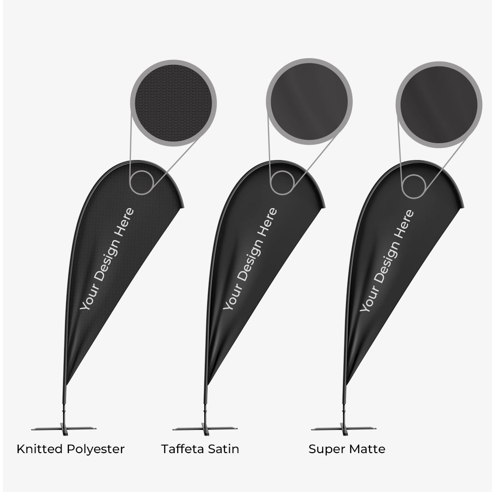 Three black feather flags with different texture options on a white background