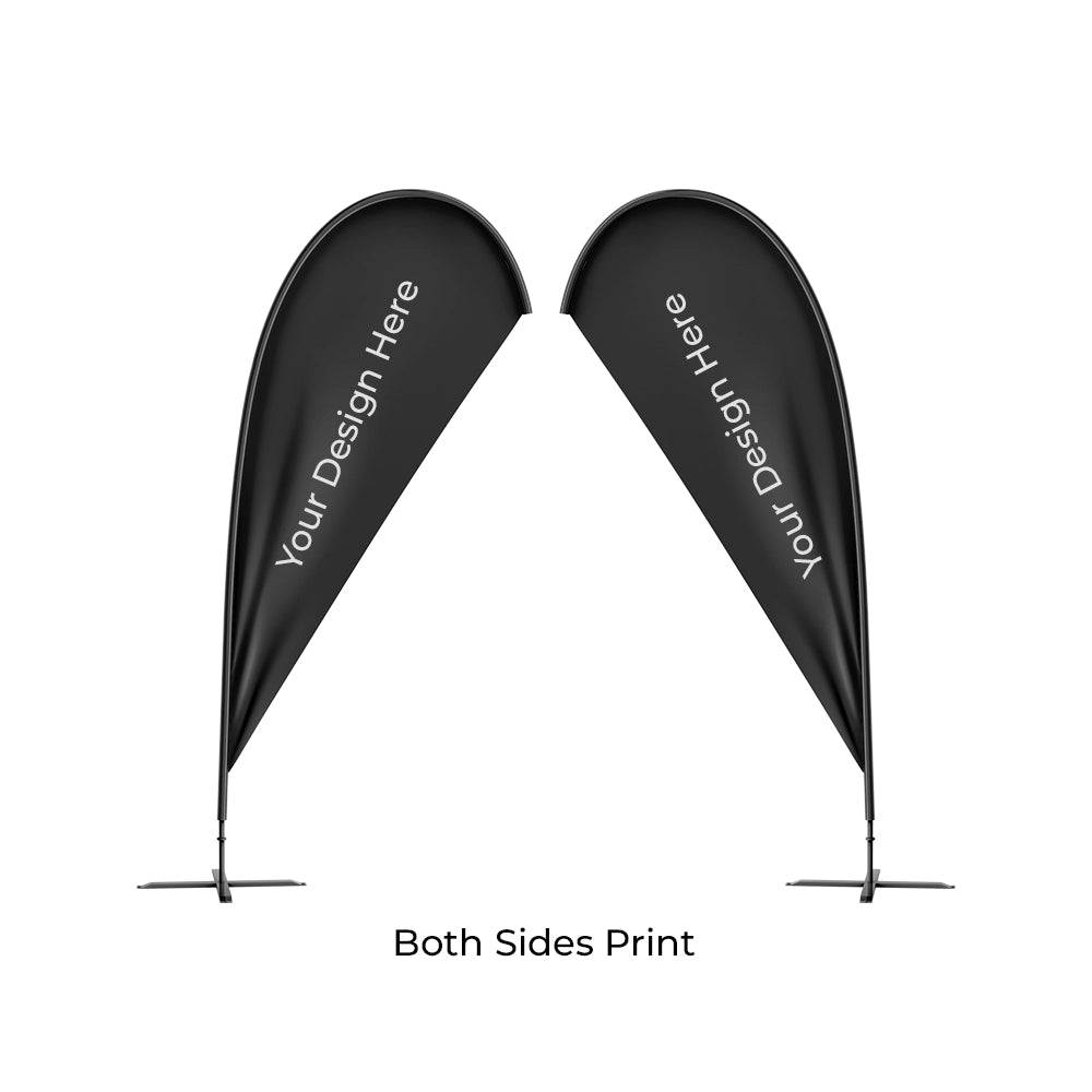 Two black teardrop banners with 'Your Design Here' text on a white background