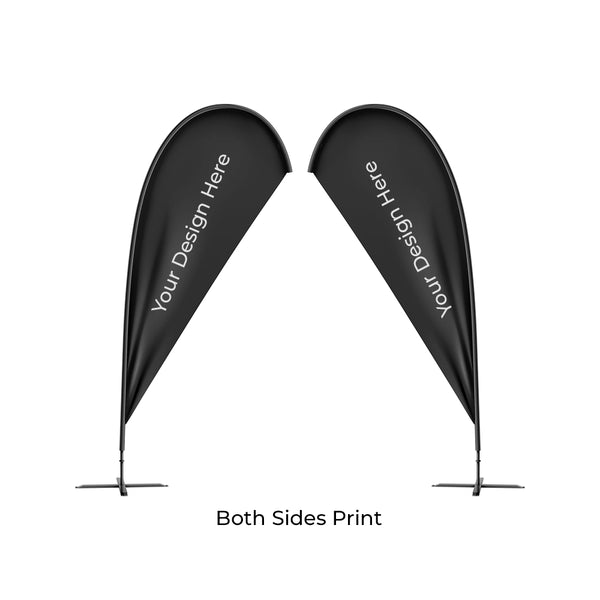Two black teardrop banners with 'Your Design Here' text on a white background