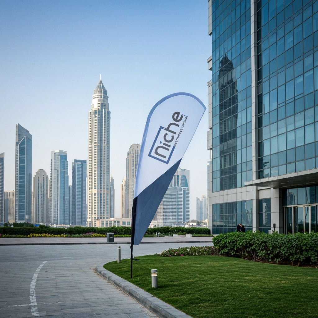 Niche brand flag in front of modern skyscrapers
