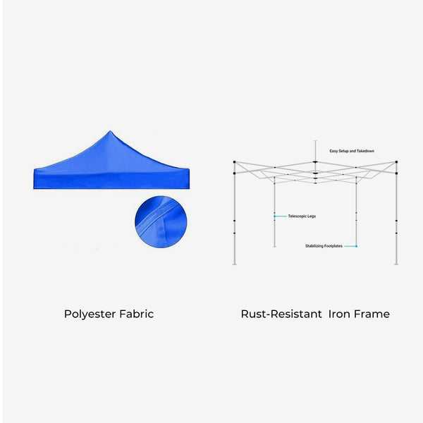 Blue pop-up tent with polyester fabric and rust-resistant iron frame on a white background