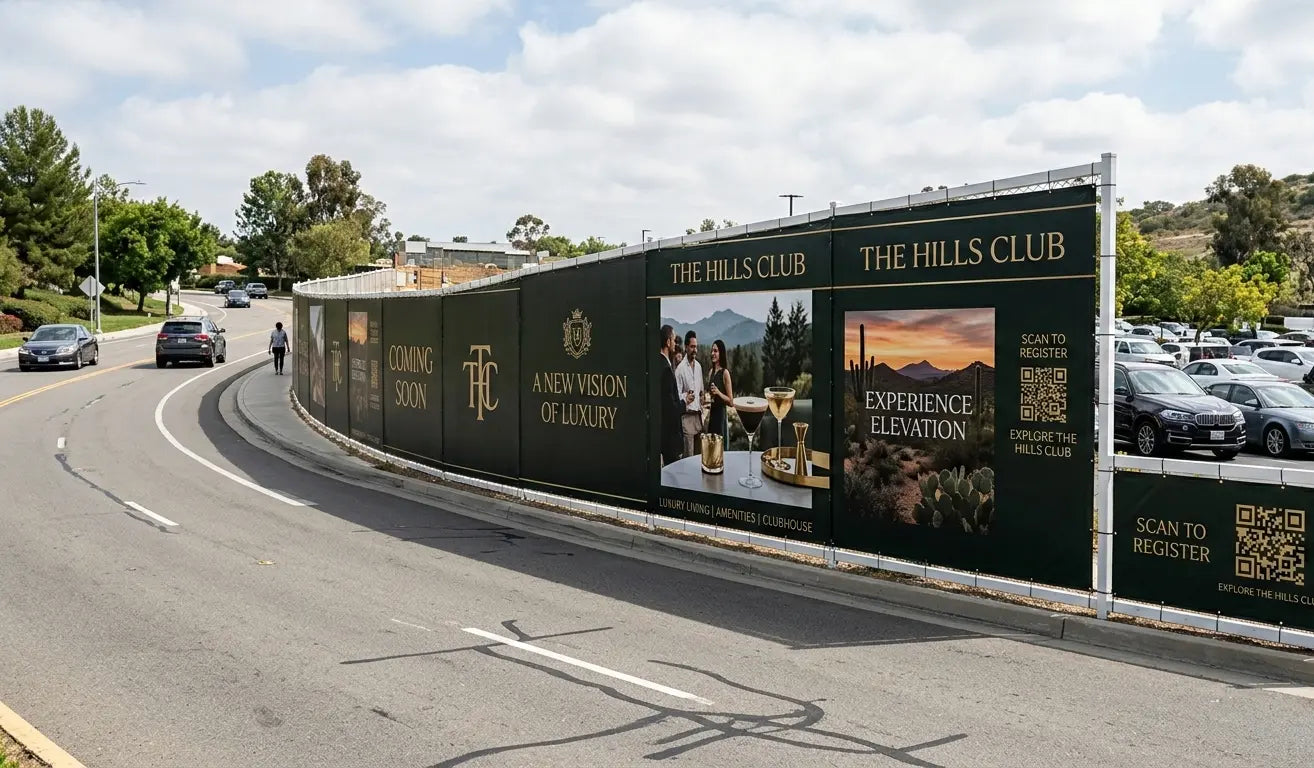 Large outdoor advertisement for 'The Hills Club' on a fence along a road.