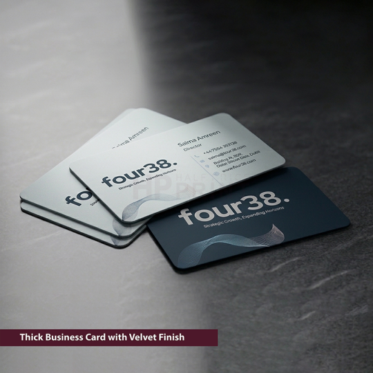 Four38 thick business cards with velvet finish on a gray surface