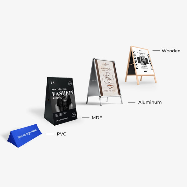 Display stand options including wooden, aluminum, and PVC stands with a design display.