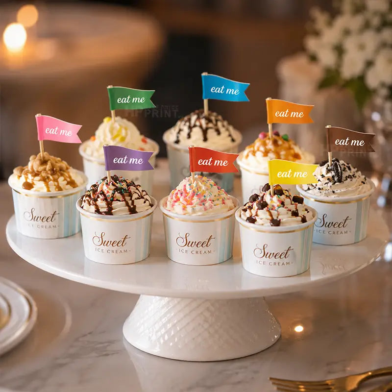 Nine decorated cupcakes on a white pedestal cake stand, each with a small colorful 'eat me' text printed on toothpick flags. The setting appears to be a softly lit event or party table with blurred lights and flowers in the background.