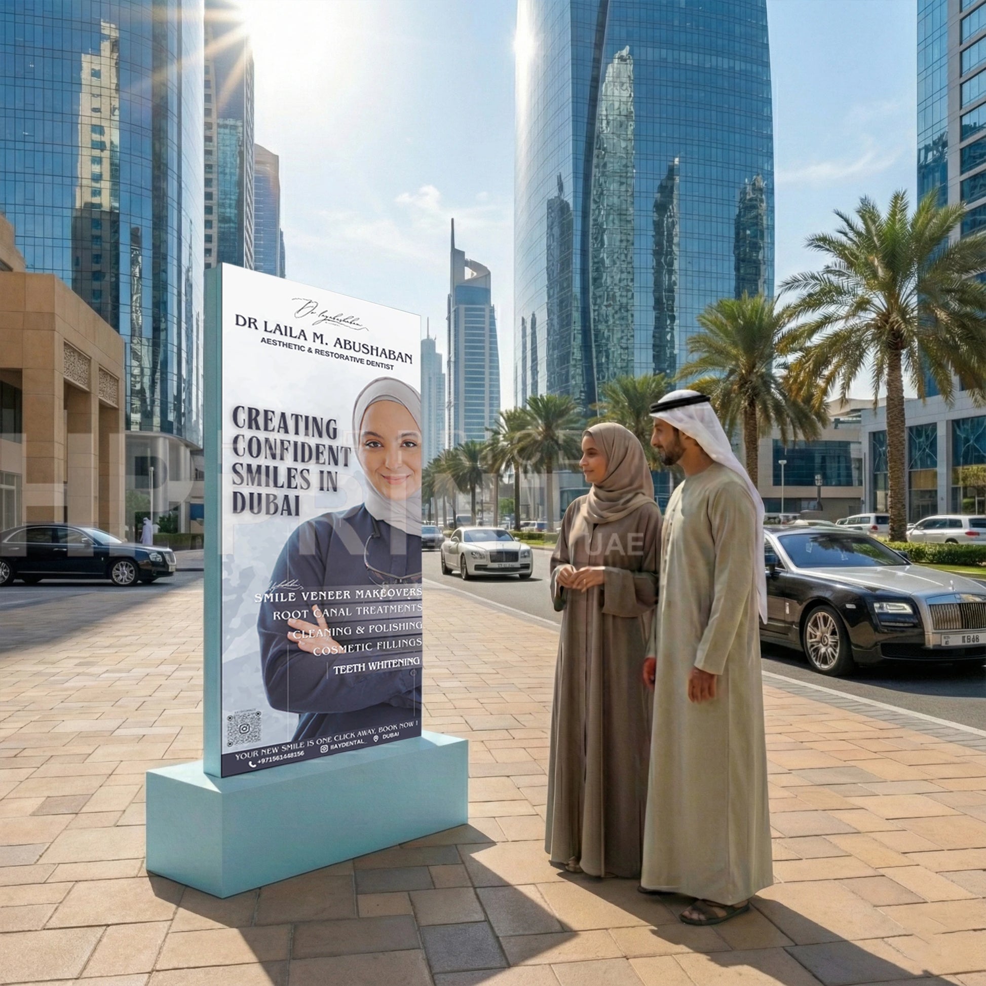 Two people in traditional attire standing next to a promotional totem display stand with a cityscape background.