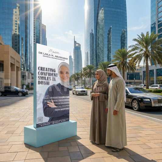 Two people in traditional attire standing next to a promotional totem display stand with a cityscape background.