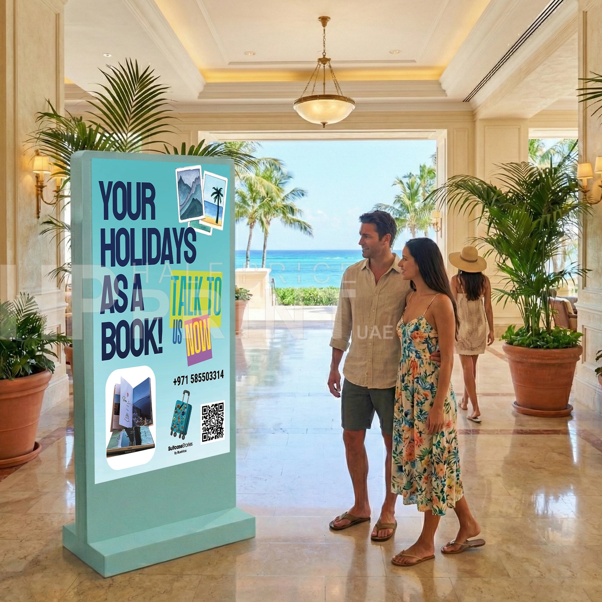 Promotional totem display stand for travel services in a hotel lobby with people in the background.