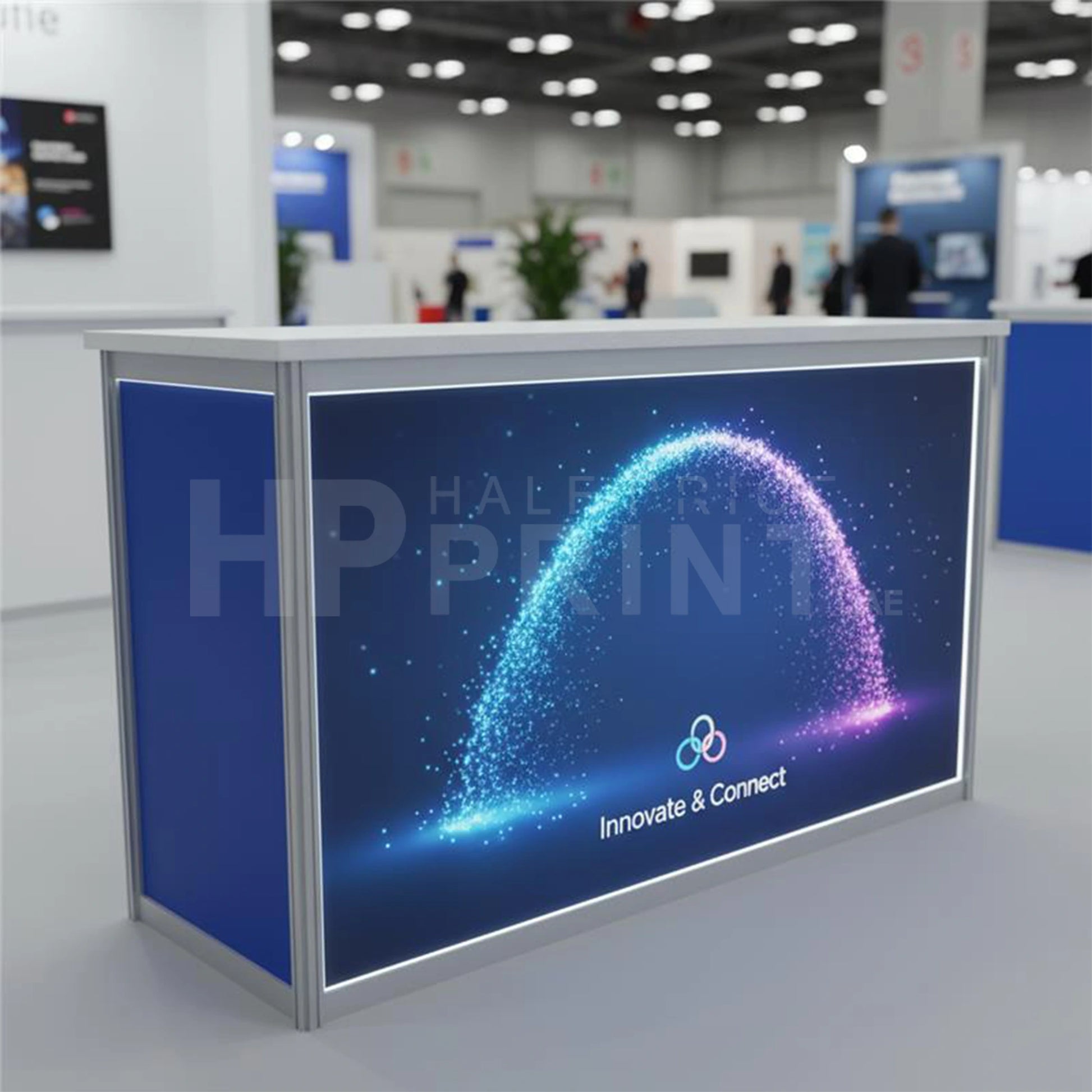 Trade show display counter with 'Innovate & Connect' text in a blurred indoor setting
