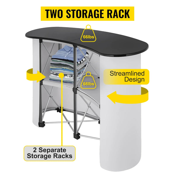 Trade show counter with black top, two storage racks, and streamlined white design.