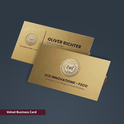 Velvet business card with branding and text on a dark background