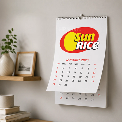 A spiral-bound wall calendar hanging on a light gray wall in a styled interior setting. The calendar page shows January 2023 with a large red and yellow 'Sun Rice' logo at the top.