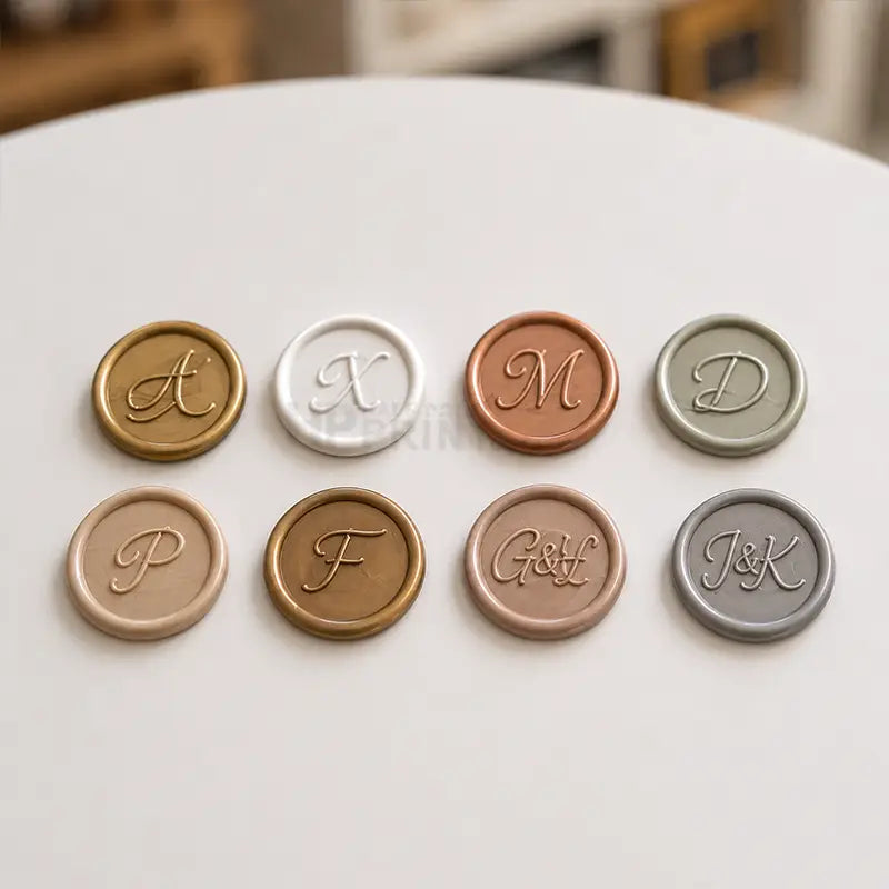 Eight round wax seals with embossed initials and monogram letters are arranged in two rows on a white surface. The seals come in various colors including gold, silver, bronze, sage green, beige, brown, dusty rose, and gray.