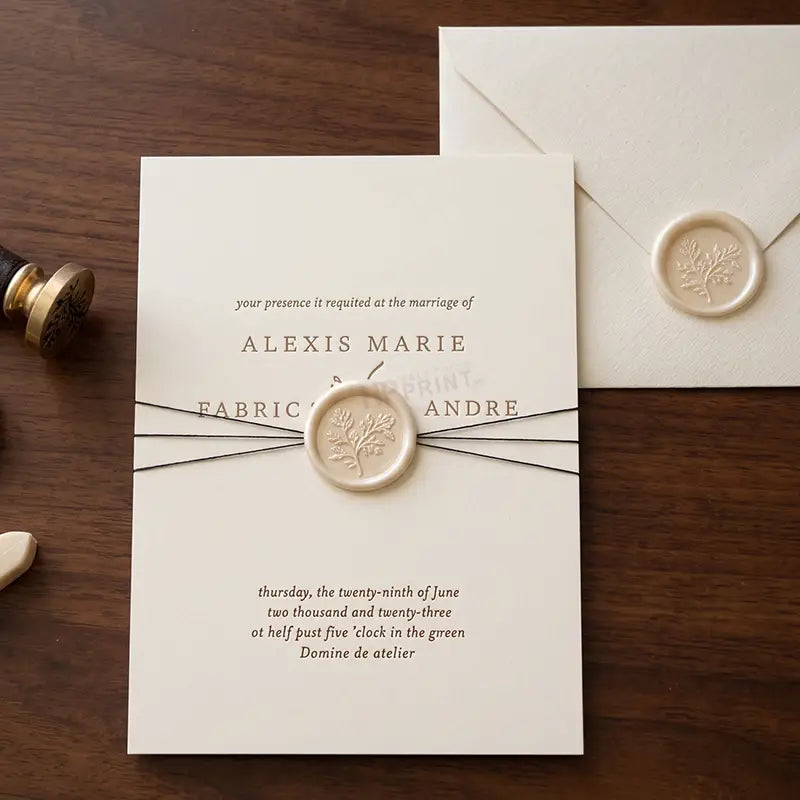 A cream-colored wedding invitation card with elegant gold typography and a central wax seal, tied with thin black string, displayed on a dark wood surface next to a matching envelope and wax seal.