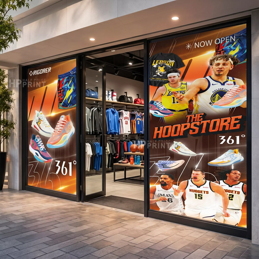 Storefront with 'The Hoopstore' and '361°' window branding, featuring basketball-themed merchandise.