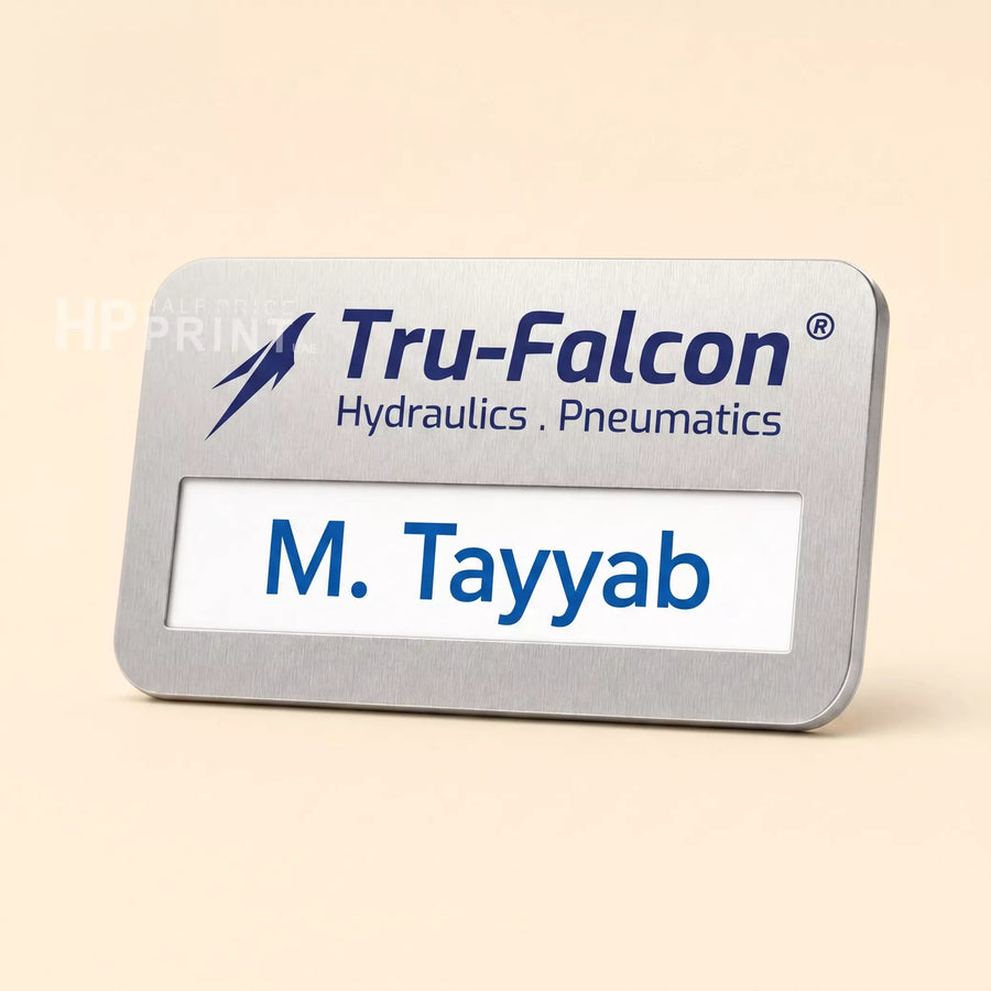 Window Name tag with 'Tru-Falcon Hydraulics Pneumatics' logo and name on a beige background