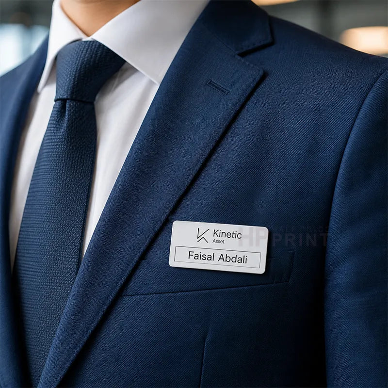A close-up of a navy blue suit jacket with a white dress shirt and matching navy tie, featuring a white rectangular name tag on the chest pocket that reads 'Kinetic Asset' and 'Faisal Abdali'.