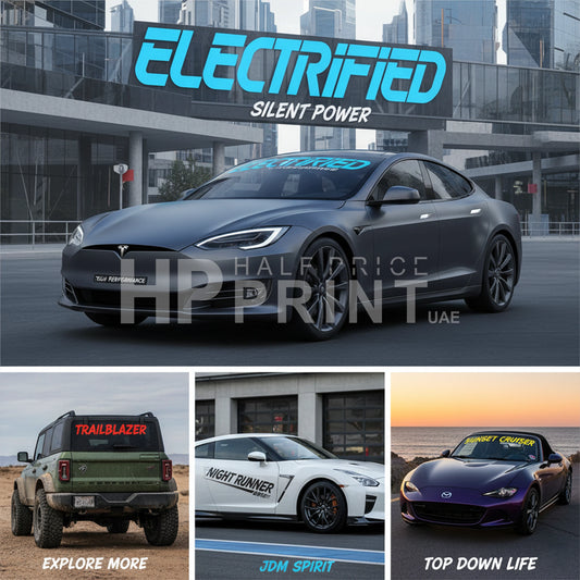 Electric car with 'Electrified' branding in an urban setting, featuring multiple car models with windshield stickers
