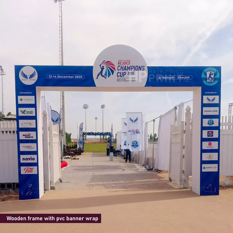 Wooden entrance arch frame with pvc banner wrap for Champions Cup event