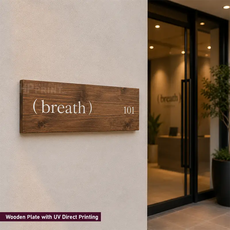 A rectangular wooden house number sign with UV direct printing, featuring the text '( breath) 101' in white on a dark brown wood grain background, mounted on a textured beige wall next to a glass door entryway.