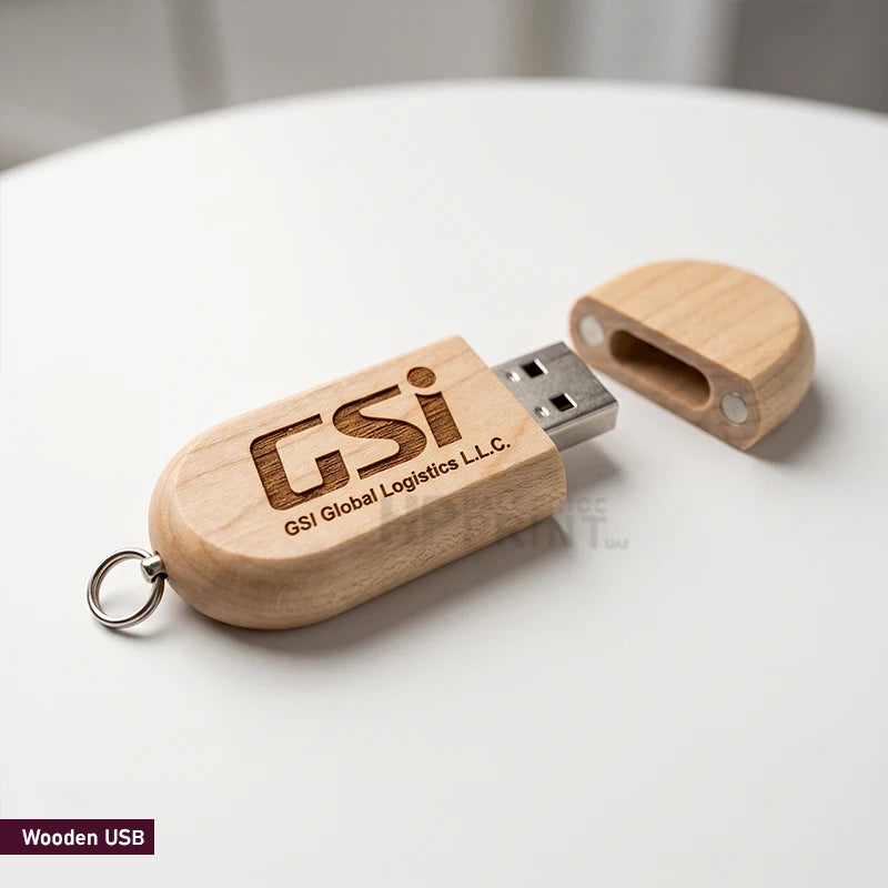 A wooden USB flash drive with a matching cap and key ring, engraved with 'GSI Global Logistics LLC.' on a white surface.