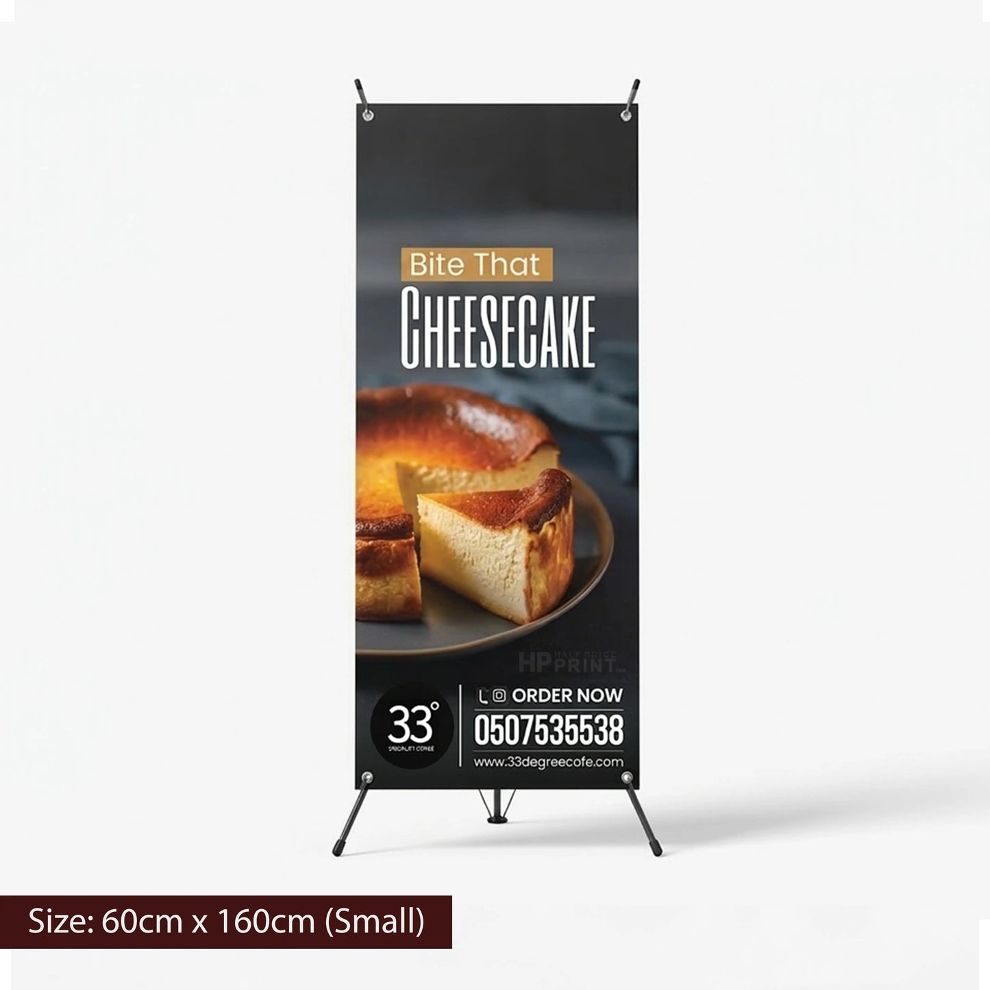 Cheesecake advertisement X banner with a phone number and website on a white background