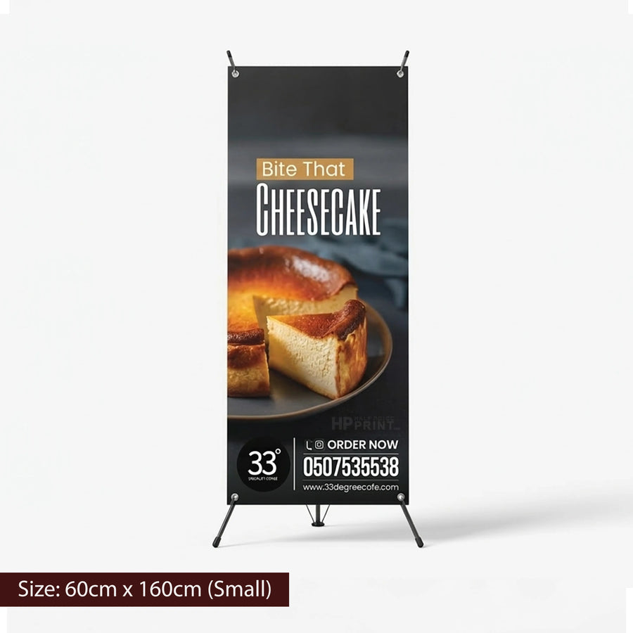 Cheesecake advertisement X banner with a phone number and website on a white background